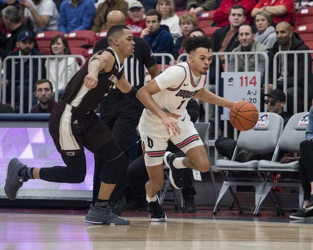 Duquesne’s Maceo Austin (2) moves the ball against St. Bonaventure during a game Saturday, Feb. 8, 2020.