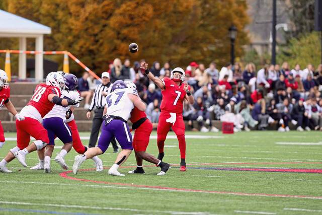 Duquesne’s Darius Perrantes throws against Stonehill on Nov. 11, 2023, at Duquesne’s Rooney Field.