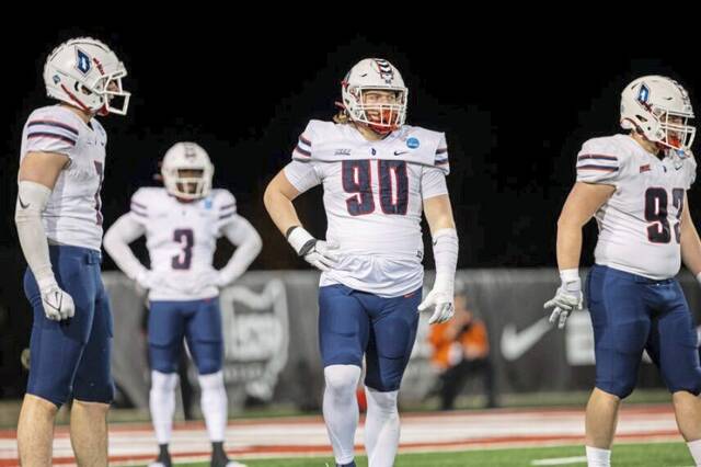 Matt Brooks (90) was a freshman defensive lineman for Duquesne this season.