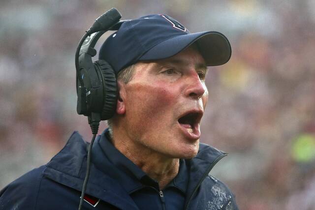 Duquesne head coach Jerry Schmitt yells at a referee in the second quarter of an NCAA college football game against Florida State Saturday, Aug. 27, 2022, in Tallahassee, Fla.