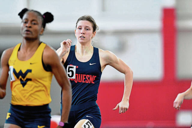 Duquesne’s Hannah Seitzinger, a Belle Vernon grad, won her third consecutive gold medal in the 500 meters at the Atlantic 10 indoor championships.