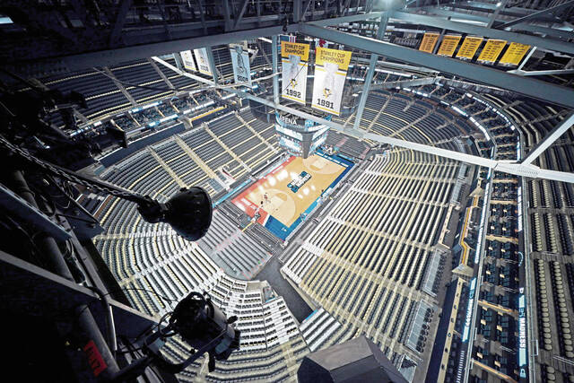 The basketball court at PPG Paints Arena in Pittsburgh on the eve of the 2022 NCAA Tournament.