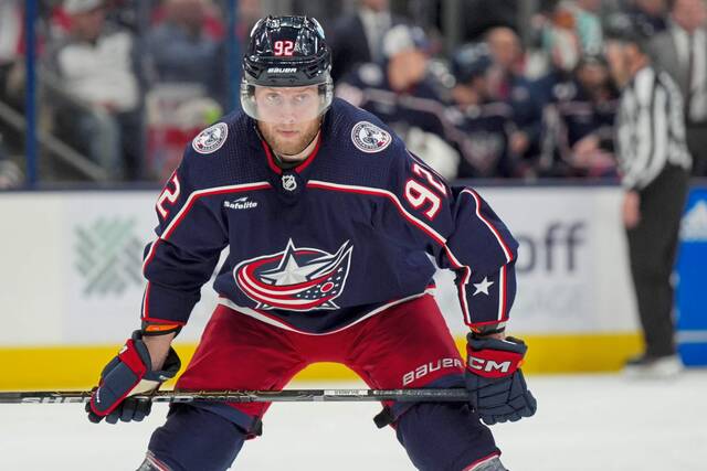 Columbus Blue Jackets’ Alexander Nylander (92) awaits the face-off during an NHL hockey game against the Nashville Predators, Saturday, March 9, 2024, in Columbus, Ohio. (AP Photo/Aaron Doster)