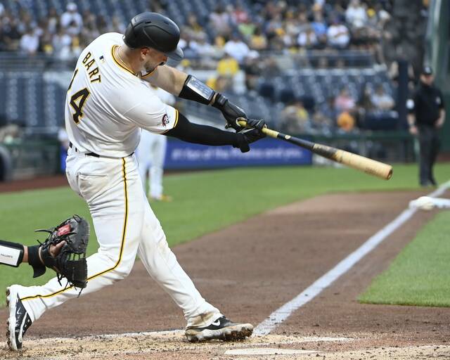 Pirates catcher Joey Bart bats against the Cardinals on Monday, July 22, 2024, at PNC Park.