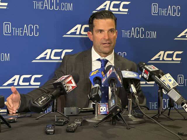 Duke football coach Manny Diaz speaks during the Atlantic Coast Conference NCAA college football media days, Wednesday, July 24, 2024, in Charlotte, N.C.