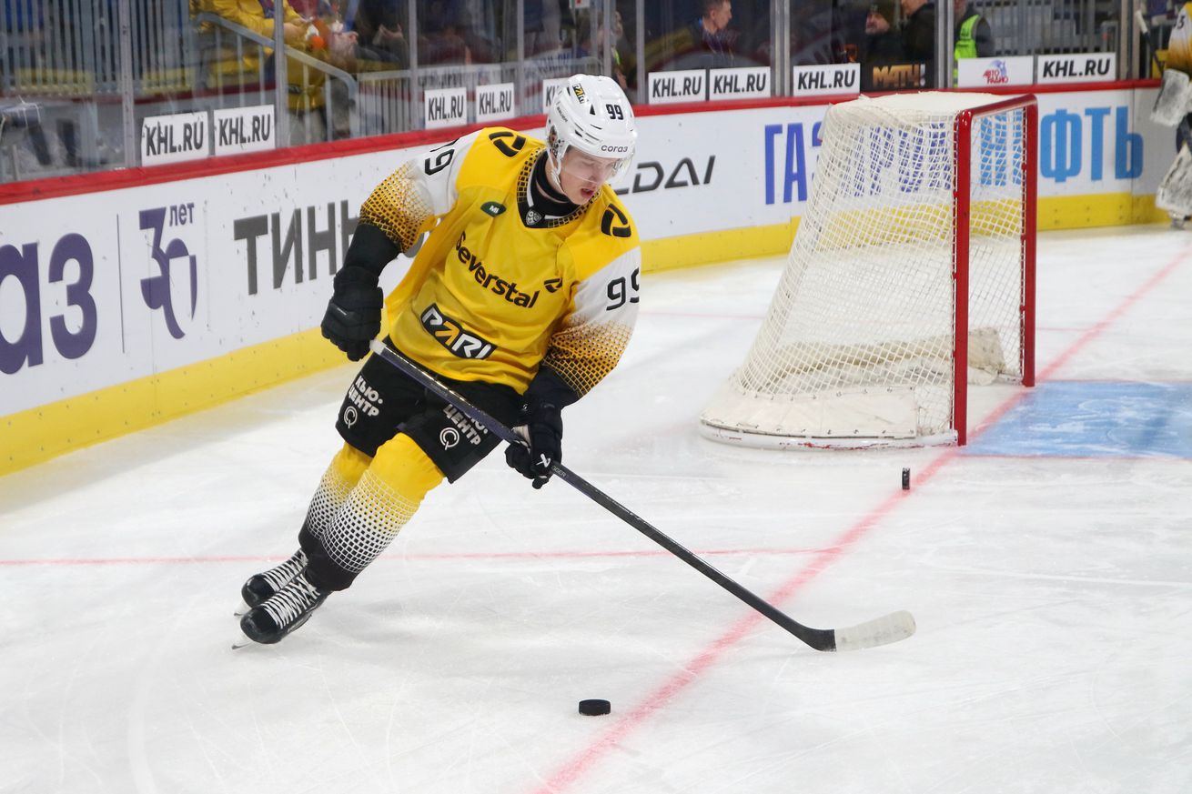 Severstal Hockey Club player, Mikhail Ilyin (99) seen in...