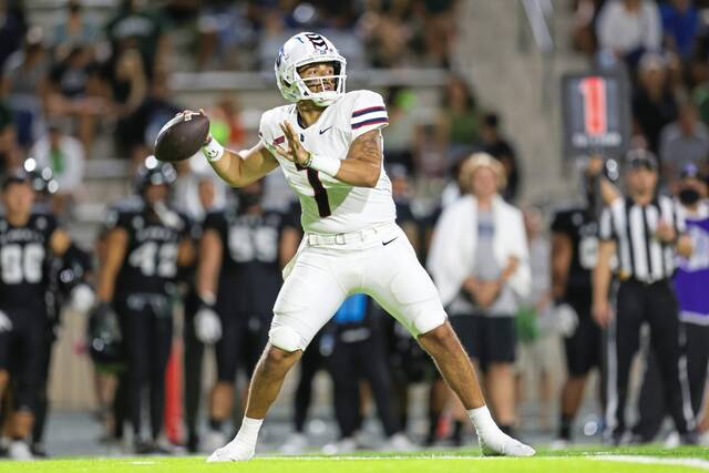 Duquesne’s Darius Perrantes fires a pass downfield during the second half of an NCAA football game against Hawaii on Sept. 17, 2022, at the Clarance T.C. Ching Athletic Complex in Honolulu, Hawaii.