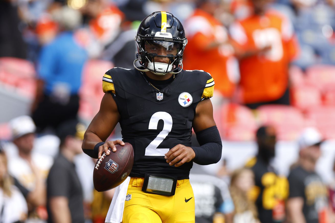 Quarterback Justin Fields #2 of the Pittsburgh Steelers warms up prior to a game against the Denver Broncos at Empower Field At Mile High on September 15, 2024 in Denver, Colorado.