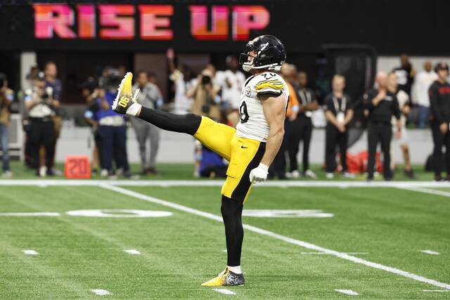 Pittsburgh Steelers outside linebacker T.J. Watt celebrates after sacking Atlanta Falcons quarterback Kirk Cousins at the end of last week’s game. Earlier, Watt had a sack and forced fumble overturned by an offsides call that Watt says he was told by the official who threw the flag did so in error.