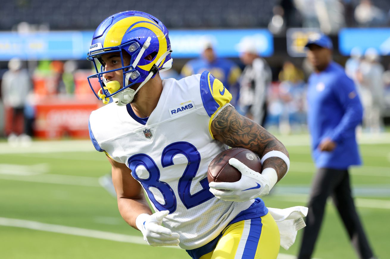 Lance McCutcheon #82 of the Los Angeles Rams warms up prior to the game against the Los Angeles Chargers at SoFi Stadium on January 01, 2023 in Inglewood, California.