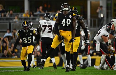 Pittsburgh Steelers outside linebacker Jeremiah Moon celebrates after recording a sack against the Houston Texans during a 2024 preseason game.