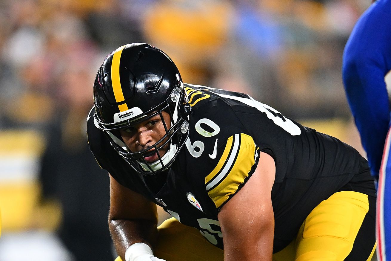 Dylan Cook #60 of the Pittsburgh Steelers in action during the preseason game against the Buffalo Bills at Acrisure Stadium on August 17, 2024 in Pittsburgh, Pennsylvania.