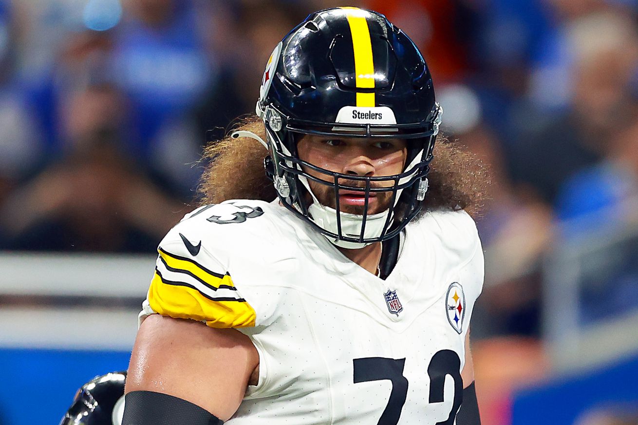 Pittsburgh Steelers OL Isaac Seumalo (73) stands on the field before a play during a preseason game between the Detroit Lions and the Pittsburgh Steelers in Detroit, Michigan USA, on Saturday, August 24, 2024