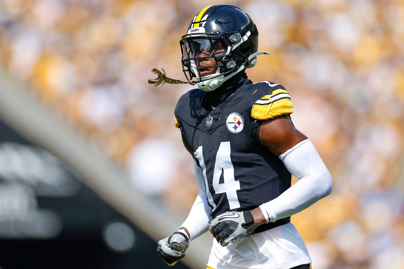 George Pickens #14 of the Pittsburgh Steelers lines up out wide during the second quarter against the Los Angeles Chargers at Acrisure Stadium on September 22, 2024 in Pittsburgh, Pennsylvania.