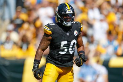 Pittsburgh Steelers linebacker Elandon Roberts gets ready for the next play against the Los Angeles Chargers during a 2024 regular season game.