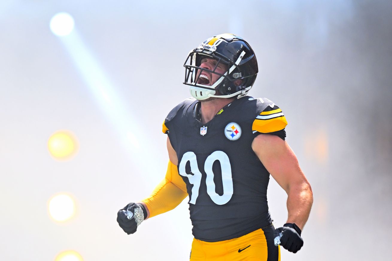 T.J. Watt #90 of the Pittsburgh Steelers is introduced prior to a game against the Los Angeles Chargers at Acrisure Stadium on September 22, 2024 in Pittsburgh, Pennsylvania.