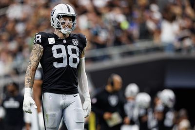 Defensive end Maxx Crosby #98 of the Las Vegas Raiders looks on during the second quarter of an NFL football game against the Carolina Panthers, at Allegiant Stadium on September 22, 2024 in Las Vegas, Nevada.