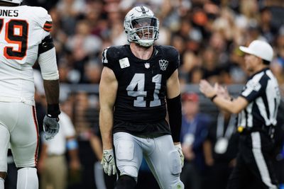 Las Vegas Raiders linebacker Robert Spillane celebrates making a stop during a 2024 regular season game against the Cleveland Browns.