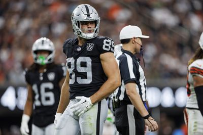 Las Vegas Raiders tight end Brock Bowers looks on during a 2024 regular season matchup with the Cleveland Browns.