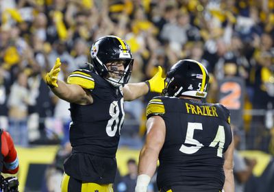 Pittsburgh Steelers tight end Pat Freiermuth celebrates scoring a touchdown in Sunday Night Football against the Dallas Cowboys.