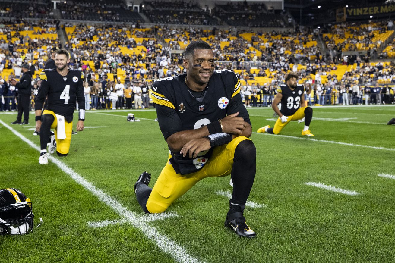 Russell Wilson #3 of the Pittsburgh Steelers warms up before the game against the Dallas Cowboys at Acrisure Stadium on October 6, 2024 in Pittsburgh, Pennsylvania.