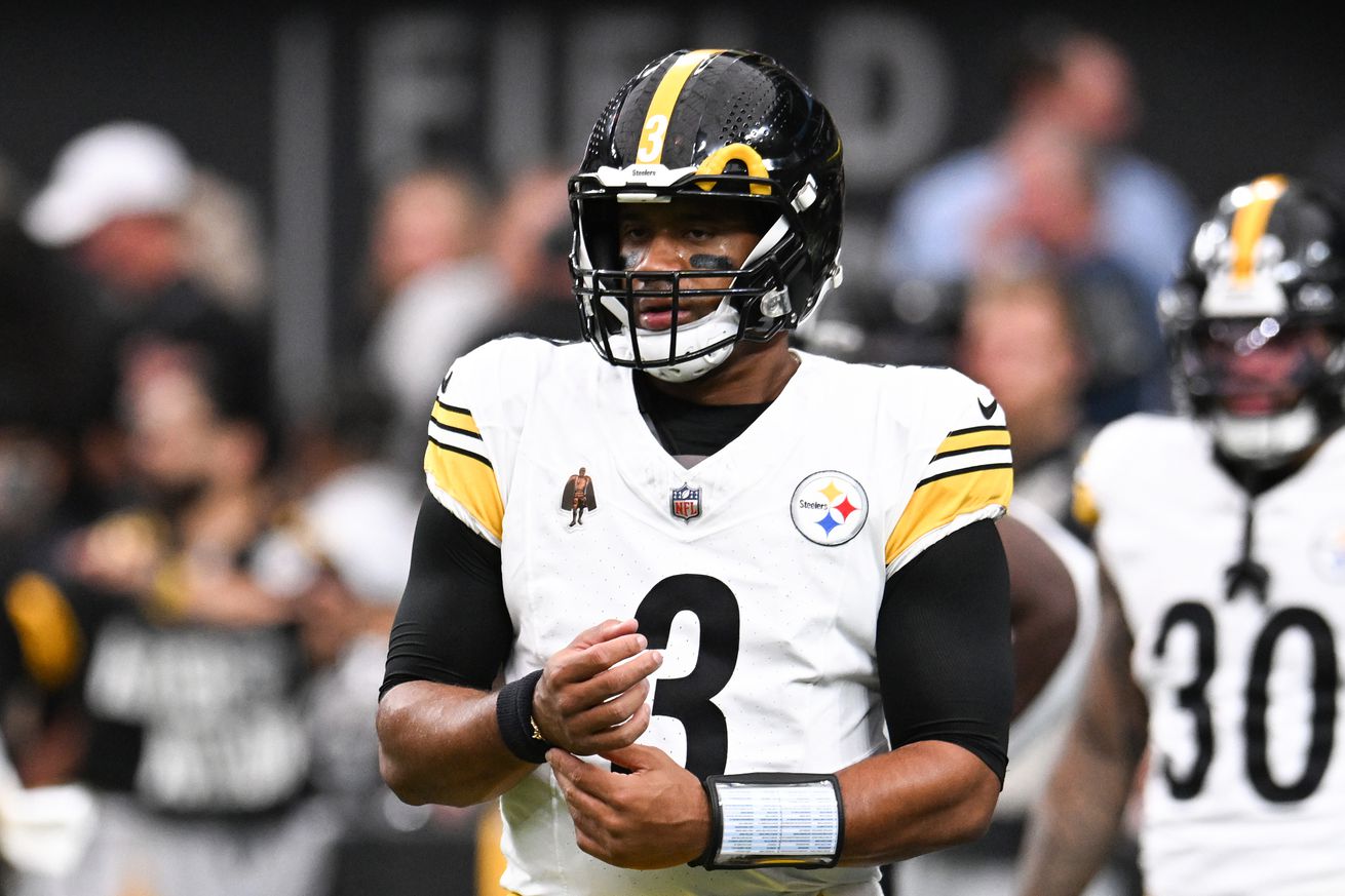 Russell Wilson #3 of the Pittsburgh Steelers warms up prior to a game against the Las Vegas Raiders at Allegiant Stadium on October 13, 2024 in Las Vegas, Nevada.