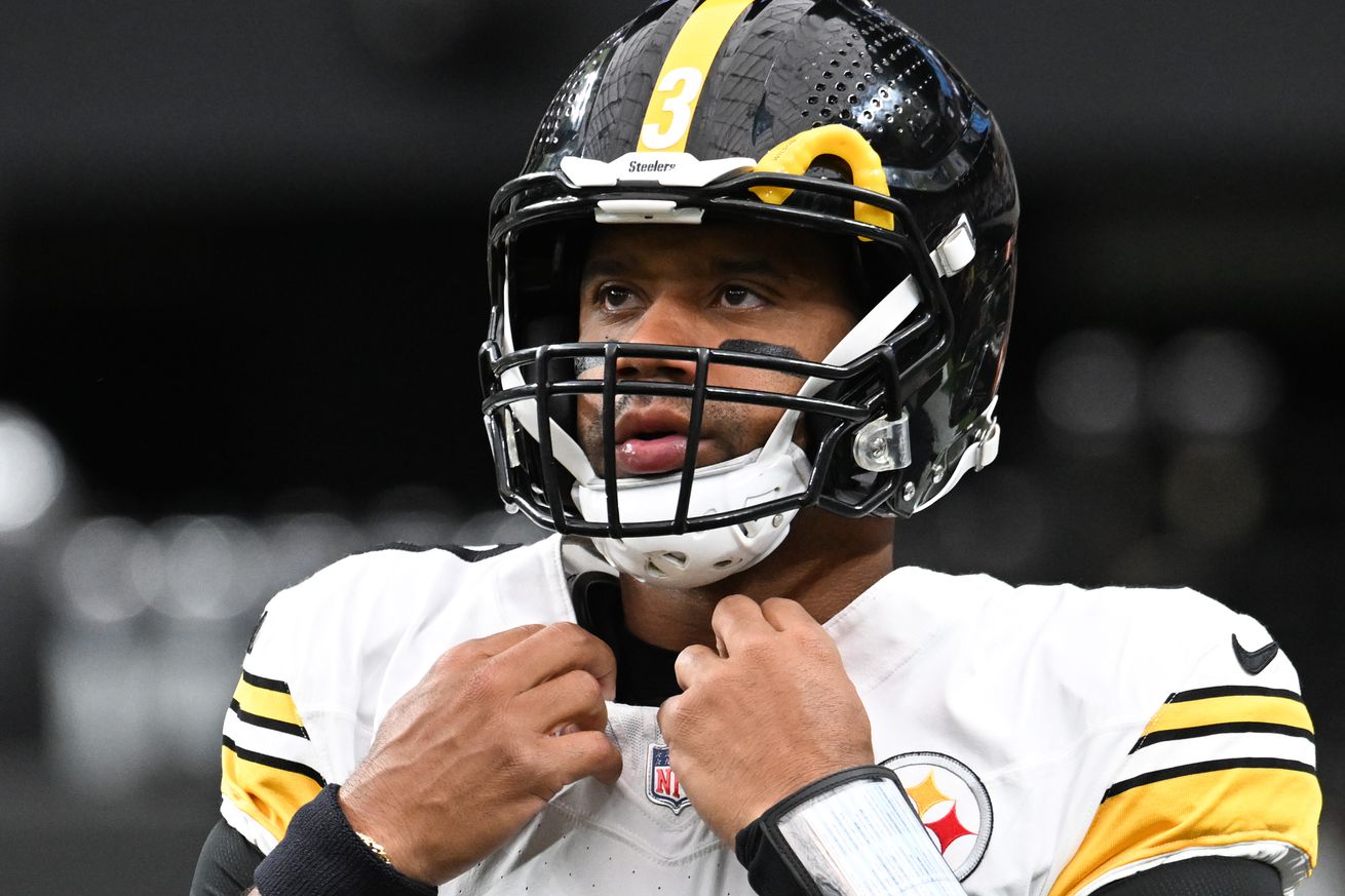 Russell Wilson #3 of the Pittsburgh Steelers looks on prior to a game against the Las Vegas Raiders at Allegiant Stadium on October 13, 2024 in Las Vegas, Nevada.