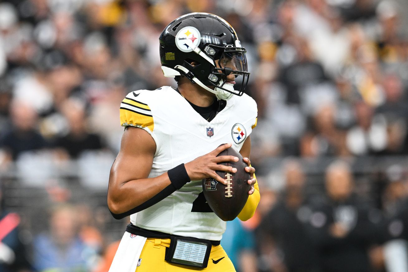 Justin Fields #2 of the Pittsburgh Steelers looks to throw a pass in the first quarter of a game at Allegiant Stadium on October 13, 2024 in Las Vegas, Nevada.      