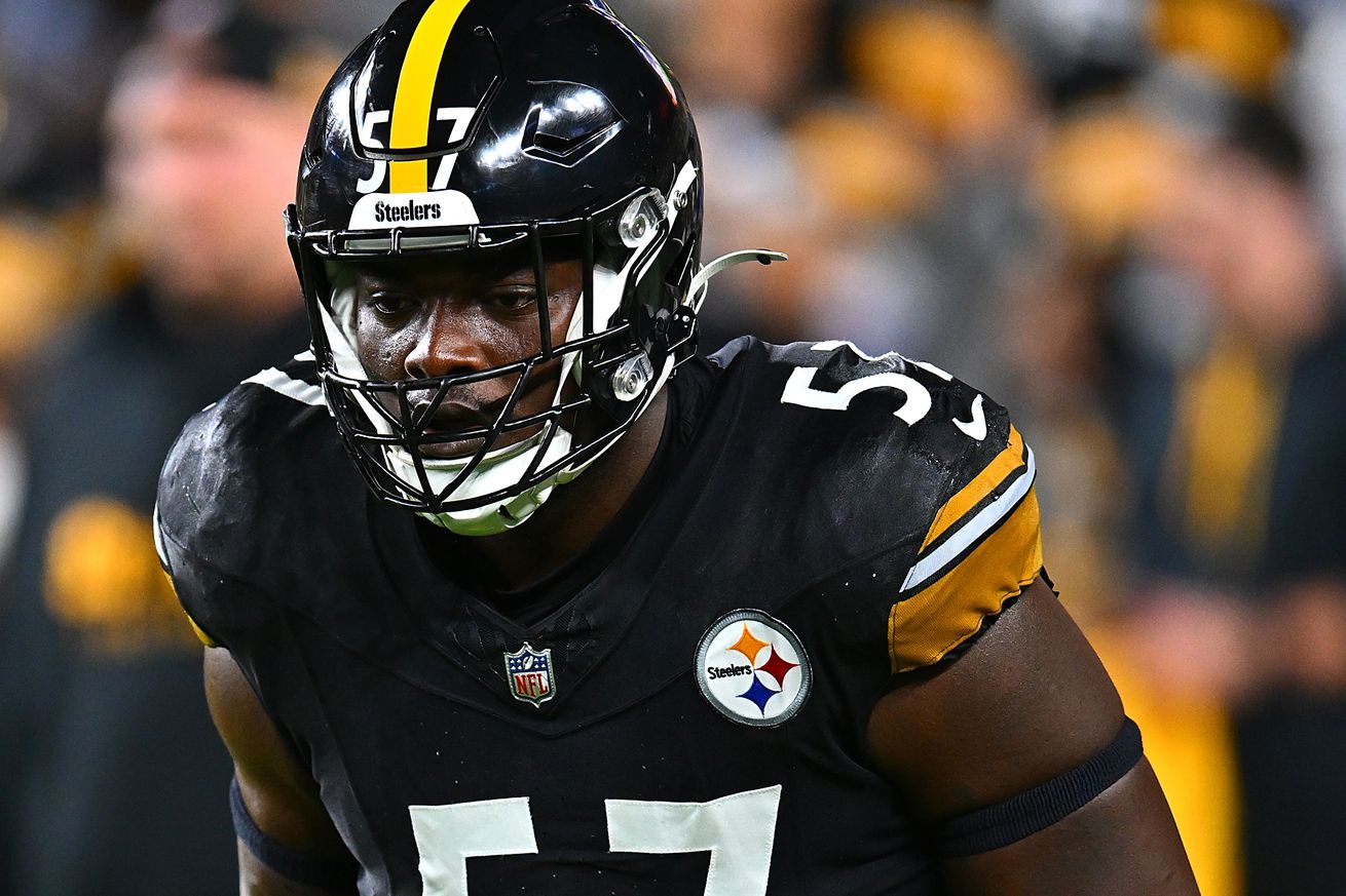 Montravius Adams #57 of the Pittsburgh Steelers warms uo prior to the game against the Dallas Cowboys at Acrisure Stadium on October 6, 2024 in Pittsburgh, Pennsylvania.