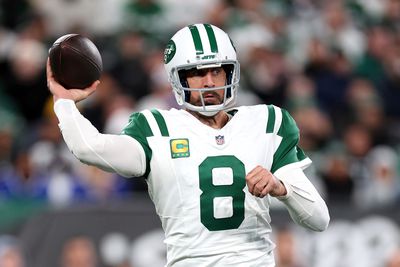 Aaron Rodgers #8 of the New York Jets in action against the Buffalo Bills at MetLife Stadium on October 14, 2024 in East Rutherford, New Jersey.