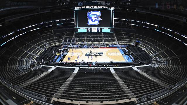 Creighton on the floor during practice for NCAA first round game March 20 , 2024 at PPG Paints Arena.