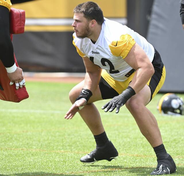 Steelers offensive lineman Ryan McCollum goes through drills in June at UPMC Rooney Sports Performance Complex.