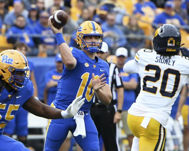 Pitt quarterback Eli Holstein throws a pass during the first quarter against California on Saturday, Oct. 12, 2024, at Acrisure Stadium.