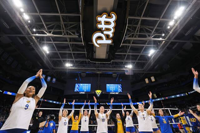 The Pitt women’s volleyball team celebrates after beating Louisville, 3-2, on Friday, at Petersen Events Center.