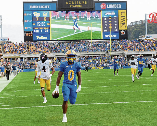 Pitt’s Desmond Reid scores on a 72-yard touchdown run during the second quarter against California on Saturday, Oct. 12, 2024, at Acrisure Stadium.