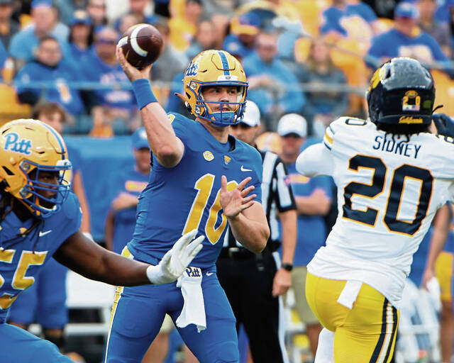 Pitt quarterback Eli Holstein throws a pass during the first quarter against California on Saturday, Oct. 12, 2024, at Acrisure Stadium.