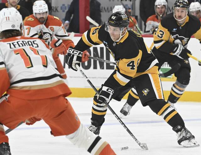 Penguins forward Blake Lizotte plays against the Anaheim Ducks in the first period of a game at PPG Paints Arena on Thursday.