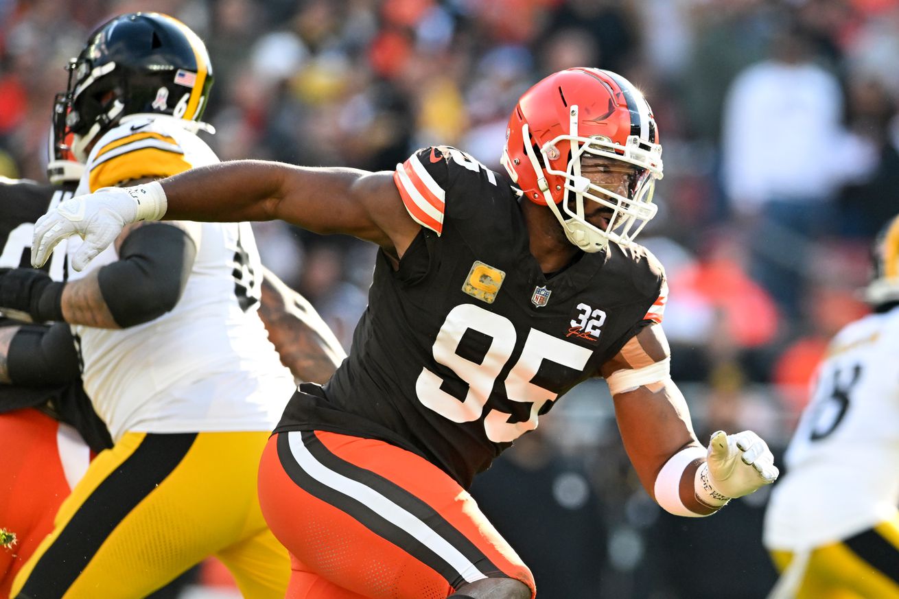 Myles Garrett #95 of the Cleveland Browns rushes the line of scrimmage during the first half against the Pittsburgh Steelers at Cleveland Browns Stadium on November 19, 2023 in Cleveland, Ohio.