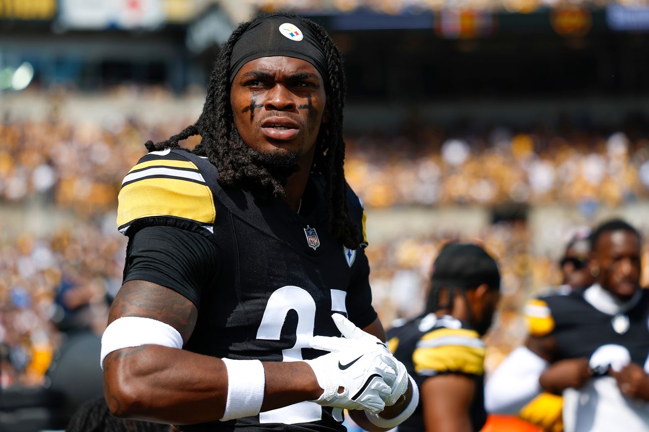 Cory Trice Jr. #27 of the Pittsburgh Steelers on the sideline prior to a game against the Los Angeles Chargers at Acrisure Stadium on September 22, 2024 in Pittsburgh, Pennsylvania.