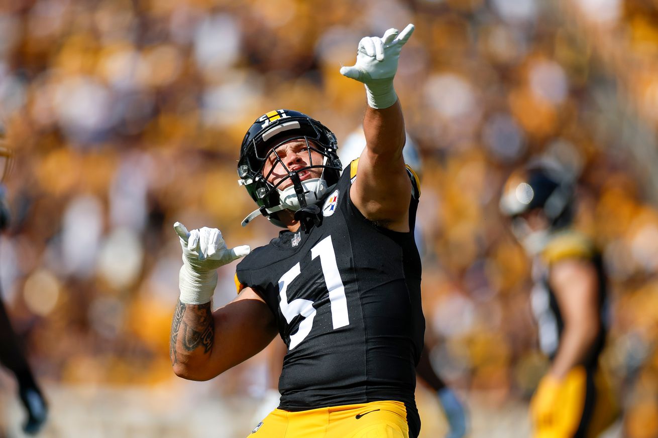 Nick Herbig #51 of the Pittsburgh Steelers celebrates during the fourth quarter against the Los Angeles Chargers at Acrisure Stadium on September 22, 2024 in Pittsburgh, Pennsylvania.