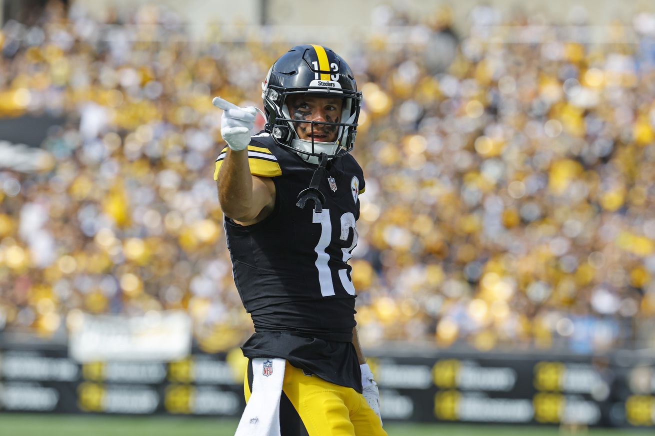 Scotty Miller #13 of the Pittsburgh Steelers in action against the Los Angeles Chargers on September 22, 2024 at Acrisure Stadium in Pittsburgh, Pennsylvania.