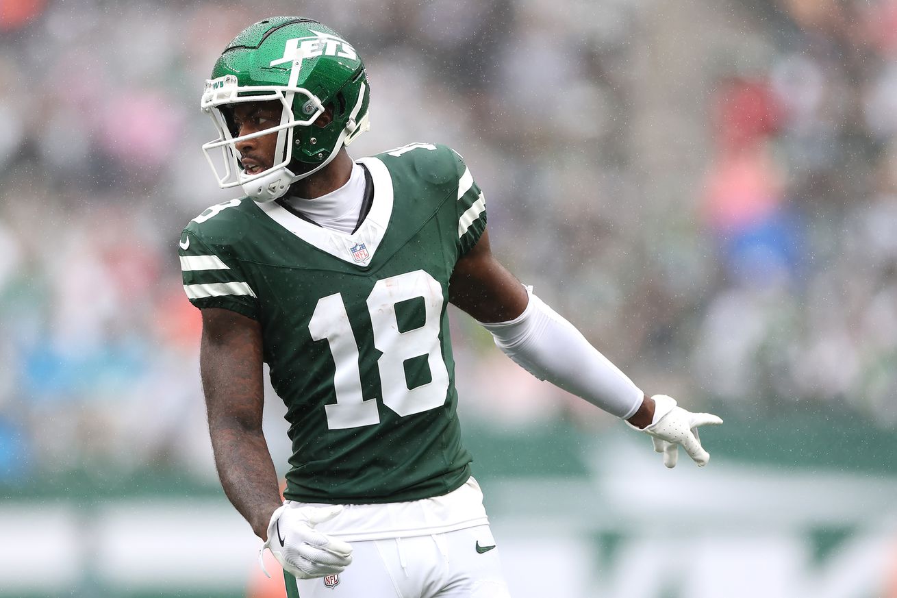 Mike Williams #18 of the New York Jets in action against the Denver Broncos at MetLife Stadium on September 29, 2024 in East Rutherford, New Jersey.