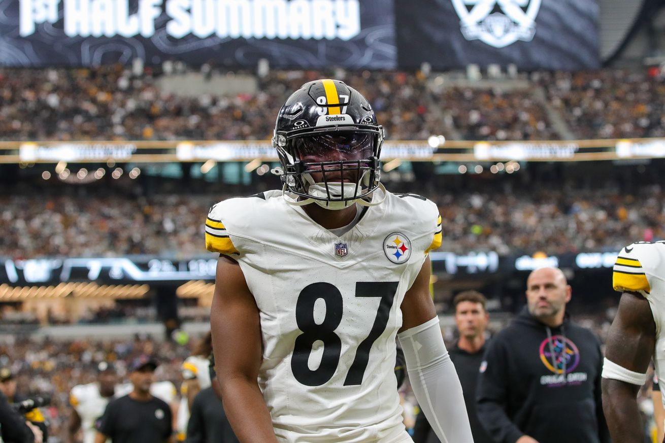 Pittsburgh Steelers tight end Rodney Williams (87) walks into the locker room after the half of a NFL game between the Pittsburgh Steelers a d the Las Vegas Raiders on October 13, 2024, at Allegiant Stadium in Las Vegas, NV.