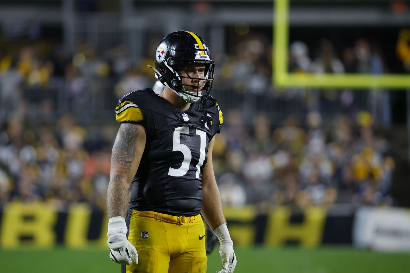  Nick Herbig #51 of the Pittsburgh Steelers in action against the Dallas Cowboys during the game on October 6, 2024 at Acrisure Stadium in Pittsburgh, Pennsylvania.