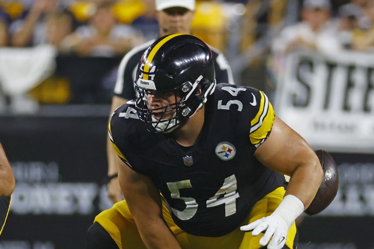 Zach Frazier #54 of the Pittsburgh Steelers in action against the Dallas Cowboys during the game on October 6, 2024 at Acrisure Stadium in Pittsburgh, Pennsylvania.