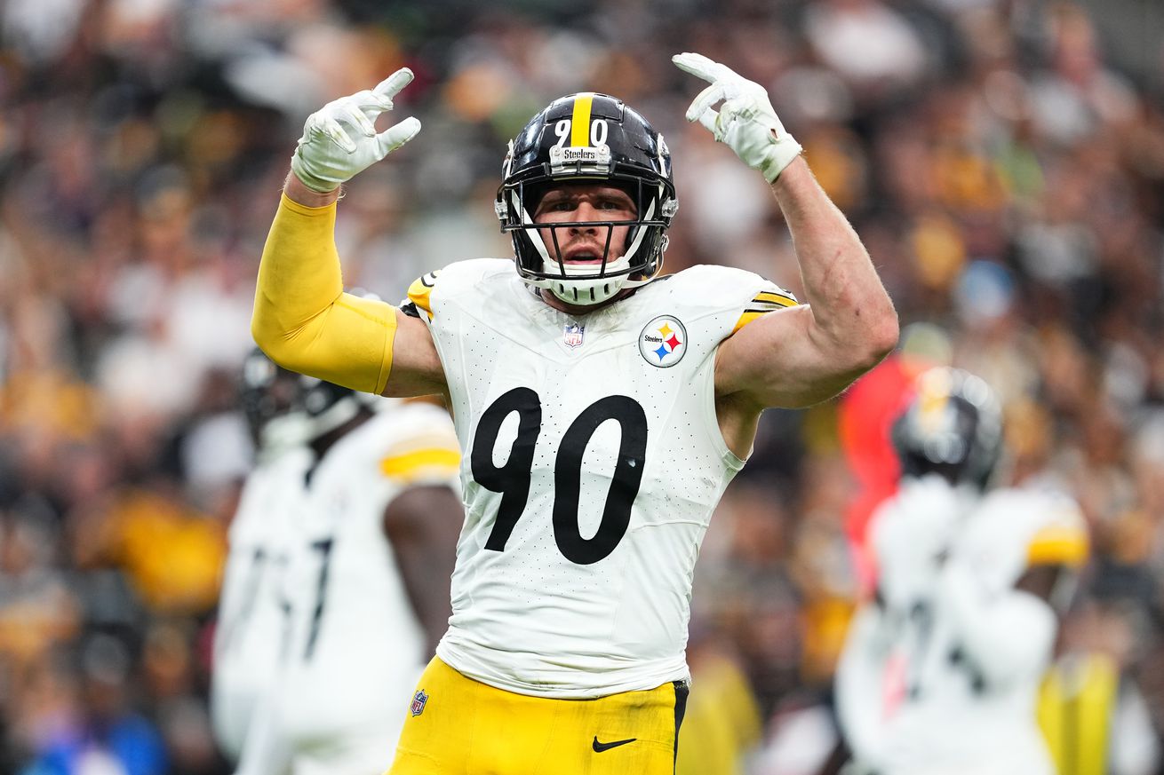 T.J. Watt #90 of the Pittsburgh Steelers reacts after a play in the second half of a game against the Las Vegas Raiders at Allegiant Stadium on October 13, 2024 in Las Vegas, Nevada.