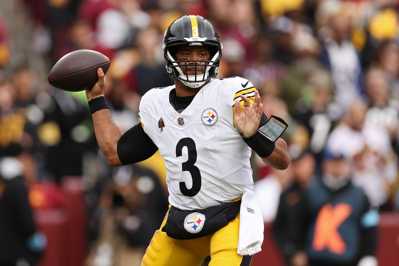 Russell Wilson #3 of the Pittsburgh Steelers passes in the first quarter of a game against the Washington Commanders at Northwest Stadium on November 10, 2024 in Landover, Maryland.