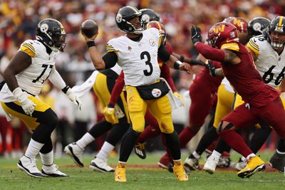 Frankie Luvu #4 of the Washington Commanders pressures Russell Wilson #3 of the Pittsburgh Steelers in the second quarter of a game at Northwest Stadium on November 10, 2024 in Landover, Maryland.