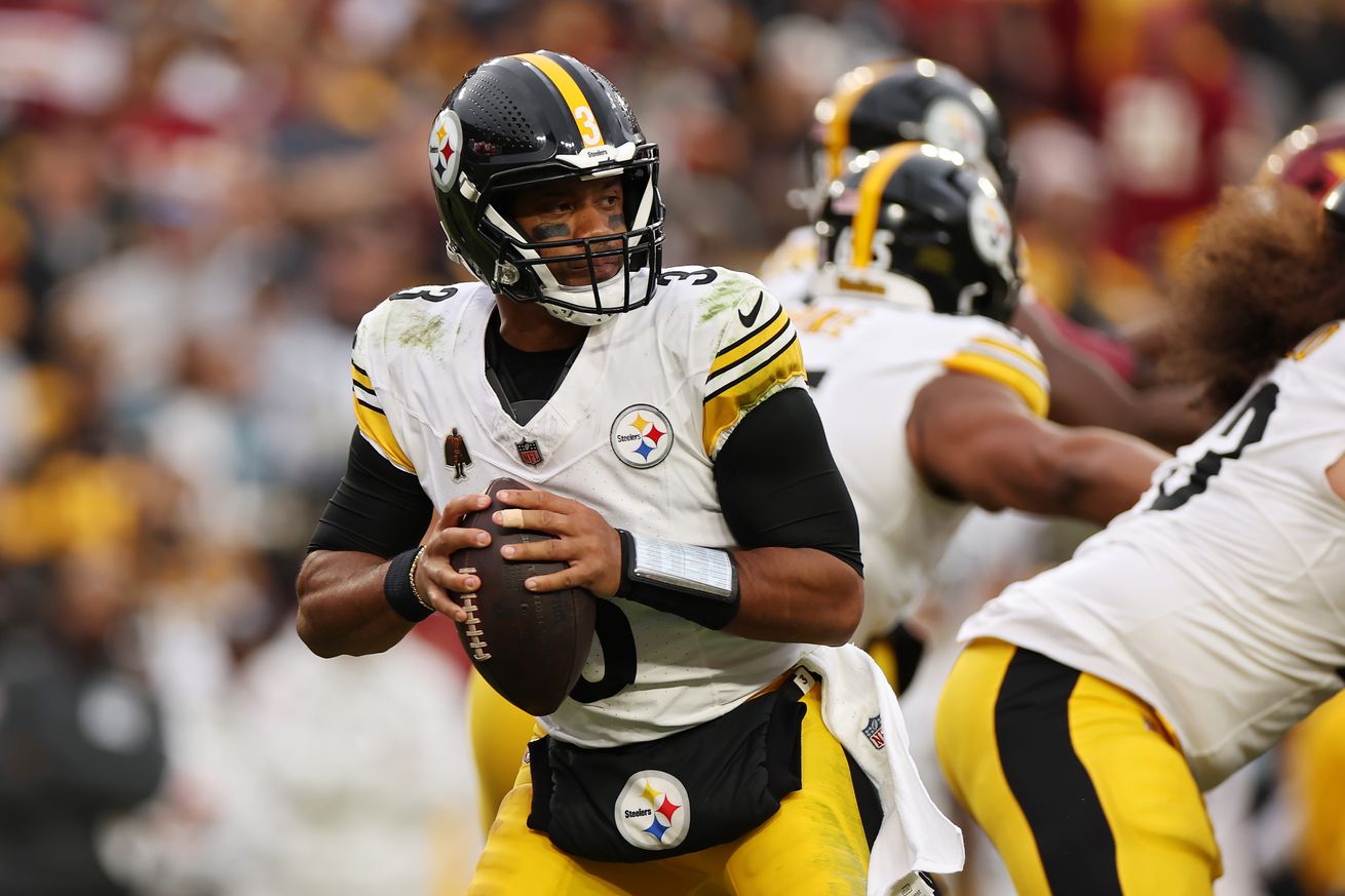 Russell Wilson #3 of the Pittsburgh Steelers looks to pass in the third quarter of a game against the Washington Commanders at Northwest Stadium on November 10, 2024 in Landover, Maryland.