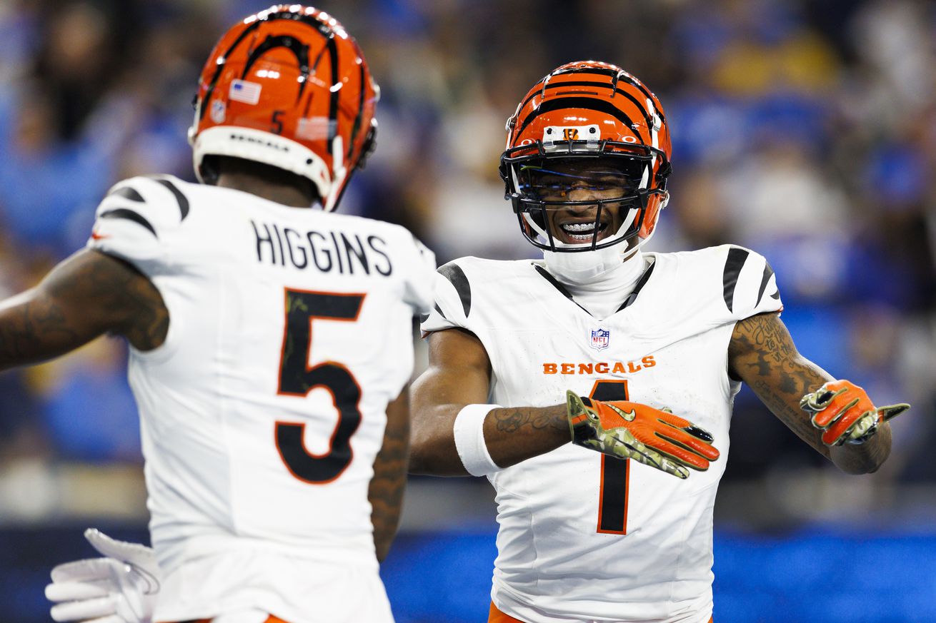 Tee Higgins #5 of the Cincinnati Bengals celebrates with Ja’Marr Chase #1 of the Cincinnati Bengals during the second half against the Los Angeles Chargers at SoFi Stadium on November 17, 2024 in Inglewood, California.